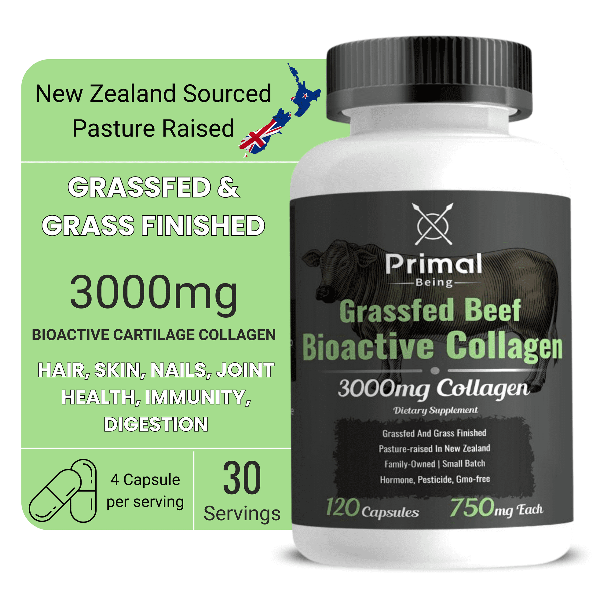 Primal Being Grassfed Beef Cartilage Collagen (Type I-V & XI)- Supports Hair, Skin, Nails, Joint Health, Immunity, Digestion, Post Exercise Recovery - 120 Capsules, 3000 mg per Serving