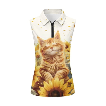 Whosucclay Sunflower and Cat Sport Tank Top for Women Anti Wrinkle Long Use for Tennis Athletic Half Zip Collared Comfortable Ladies Golf Shirts