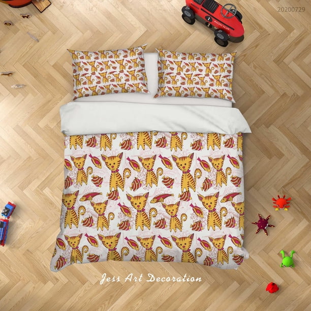 3D gato de dibujos animados de peces Funda de edredón Juego de ropa de cama Funda de edredón Fundas de almohada LXL 129