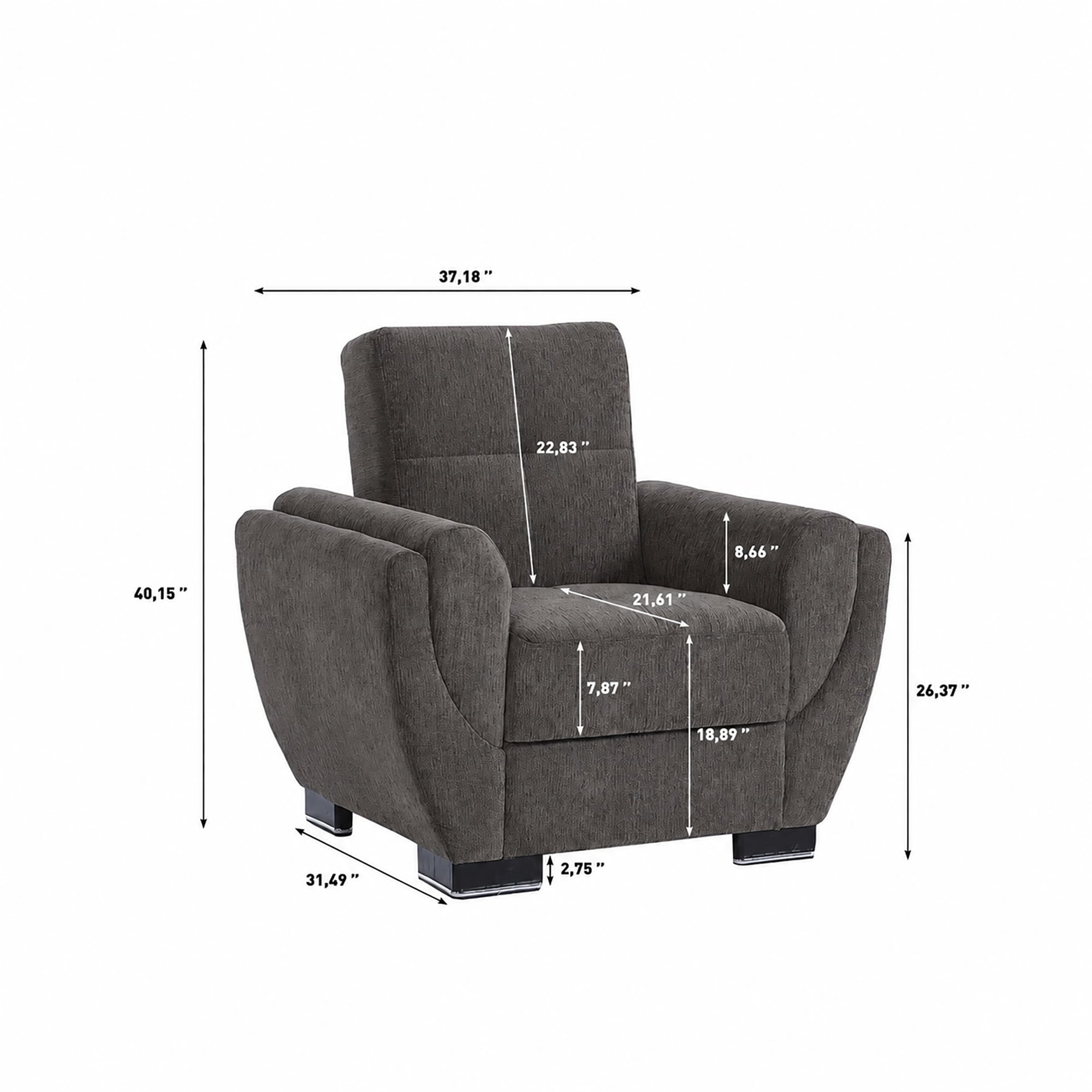 Ottomanson Convertible Accent Armchair with Hidden Storage & Rounded Arms, Firm Comfort Seating, Brown