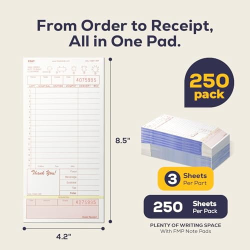 FMP Brands 3 Part Carbonless Guest Checks Pads, Perforated Server Note Pads Paper Total 250 sheets for Waitress Book, Waiter Food Receipt, and Business Checkbook with Guest Receipt