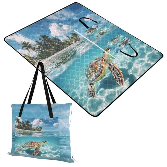 Extra Large Picnic Beach Blanket Waterproof Sand Proof Portable Outdoor Mat Sea Turtle and Island 60x80