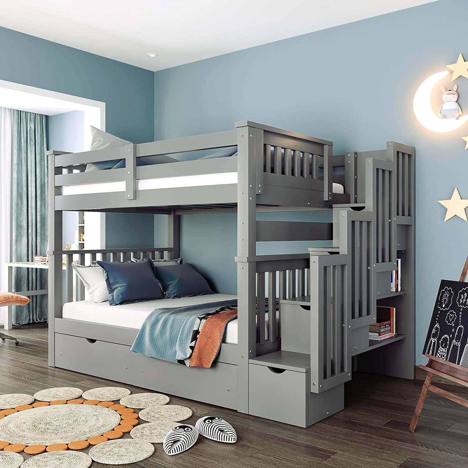 ModernLuxe Full Over Full Stairway Bunk Bed with Shelves and 6 Storage