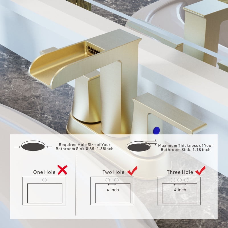AUKTOPT Bathroom Faucet with Waterfall Spout, Dual Handle Solid Brass 3 Hole Deck Mount Sink Faucet, Easy Installation, Water-Saving, Brushed Gold
