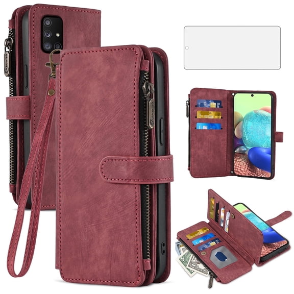 Asuwish Kickstand Hard Shell Wallet Cell Phone Case with Tempered Glass Screen Protector for Samsung Galaxy A71 5G, Red