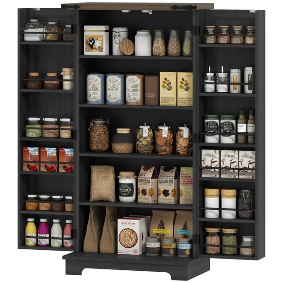 Farmhouse Kitchen Pantry Cabinet - 47" Tall Black Storage Cabinet with Adjustable Shelves & Door Storage for Kitchen & Dining Room