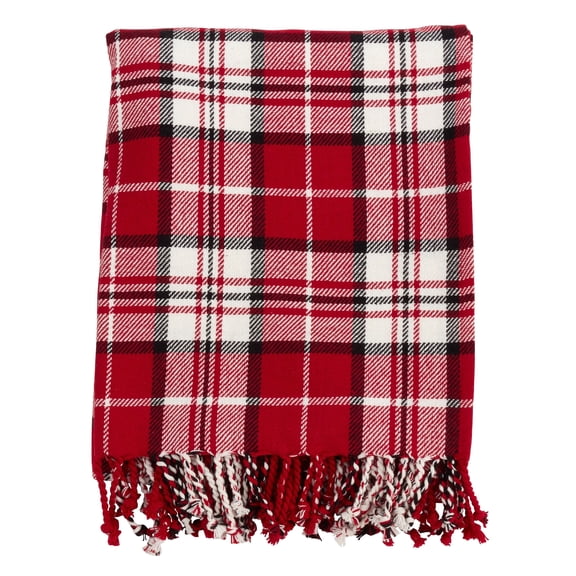 Fennco Styles Country Plaid Tassel 100% Cotton Throw 50 x 60 Inch - Red White Blanket