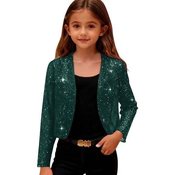 FAVIPT Glitter Sequin Crop Bolero Shrugs for Girls Open Front Fashion Cardigan Sparkly Shawl Jackets for Evening Dress Green,13 Years