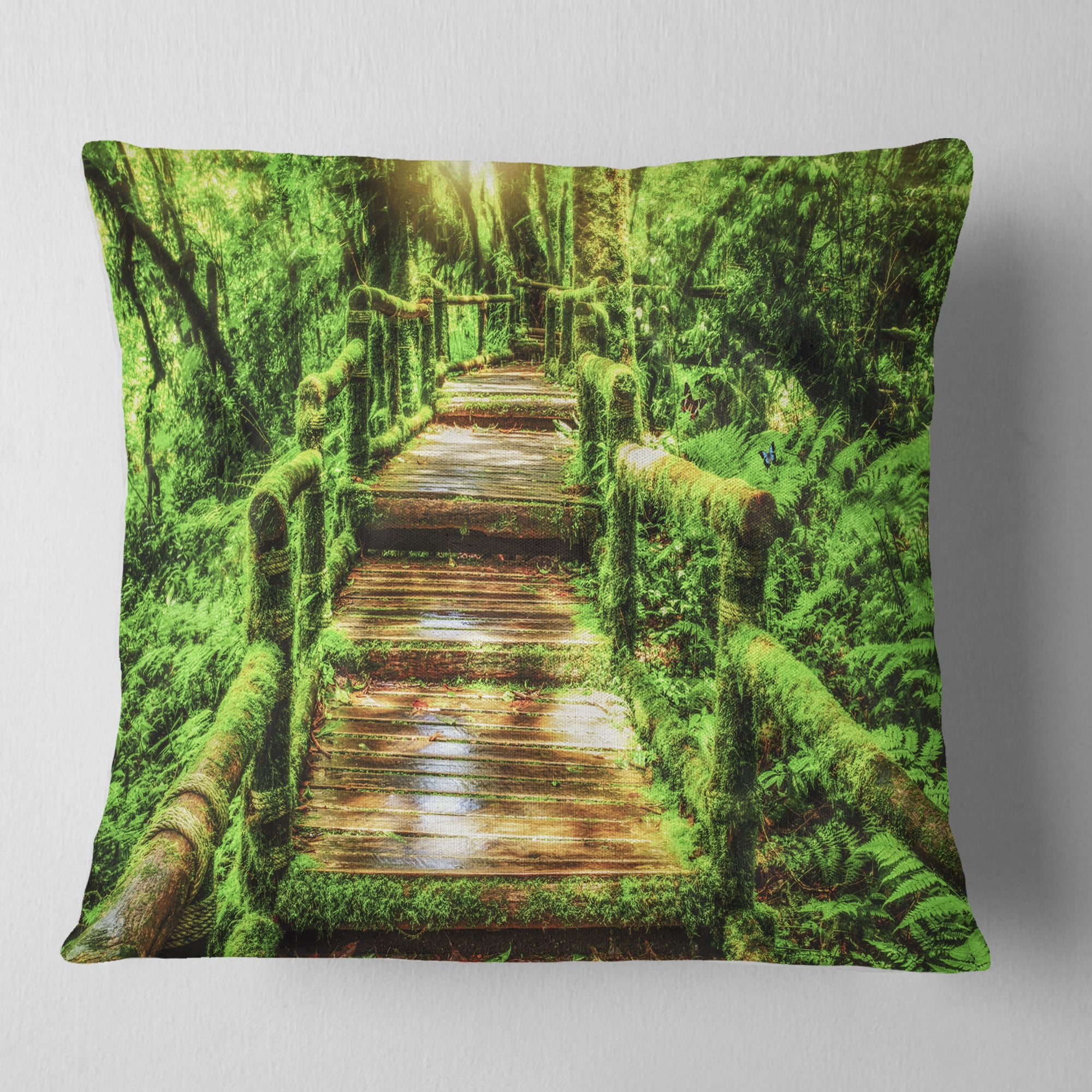 Designart Moss around Wooden Walkway in Rain - Photography Throw Pillow - 18x18