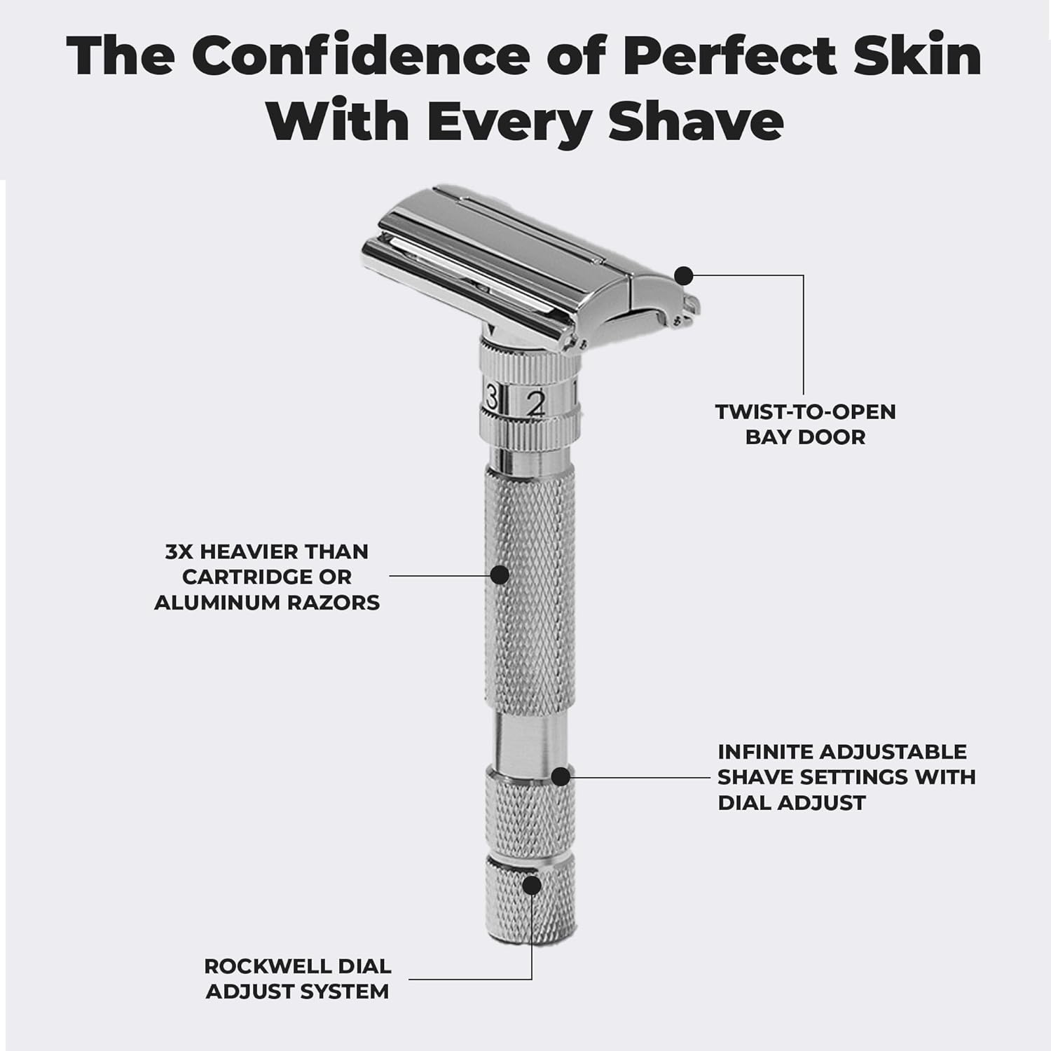 Rockwell Razors T2 Adjustable Safety Razor for Men with 5 Razor Blades, White Chrome