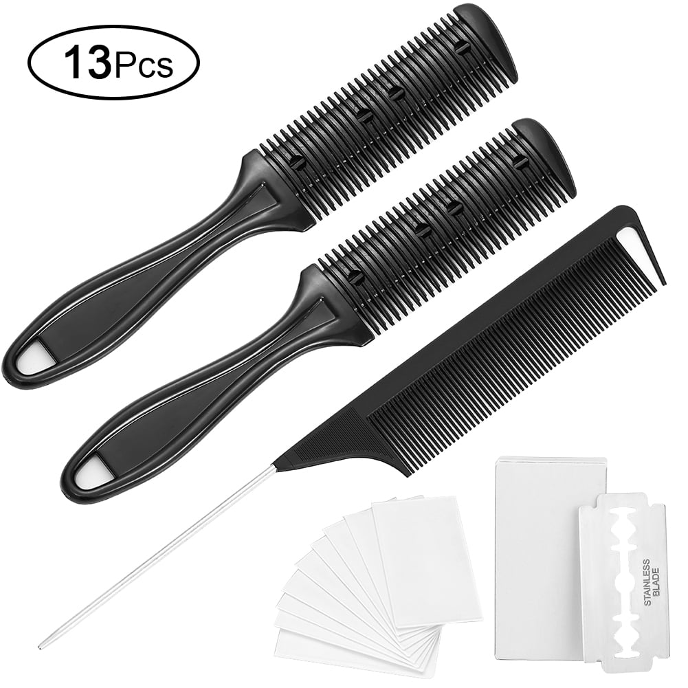 2 Pieces Razor Comb with 10 Pieces Razors,Tail Comb/Hair Cutter Comb Cutting  Scissors, Double Edge Razor, Hair Thinning Comb Slim Haircuts Cutting Tool  (Black) 