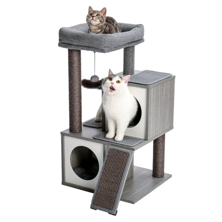 Vivifying Cat Tree Luxury 34 Inches Wooden Cat Tower with Double Condos, Spacious Perch, Fully Wrapped Scratching Sisal Posts and Replaceable Dangling Balls-Gray