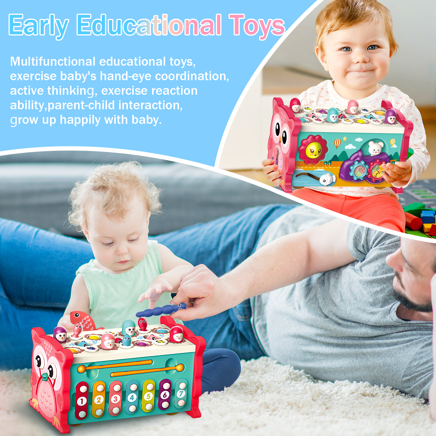 Flooyes Montessori Toys for 1 Year Old,Whack-A-Mole Hammering Pounding Toys with Pounding Bench, Fishing, Xylophone, Montessori Musical Toys for Toddlers 1 - 3 Years Old (Red)