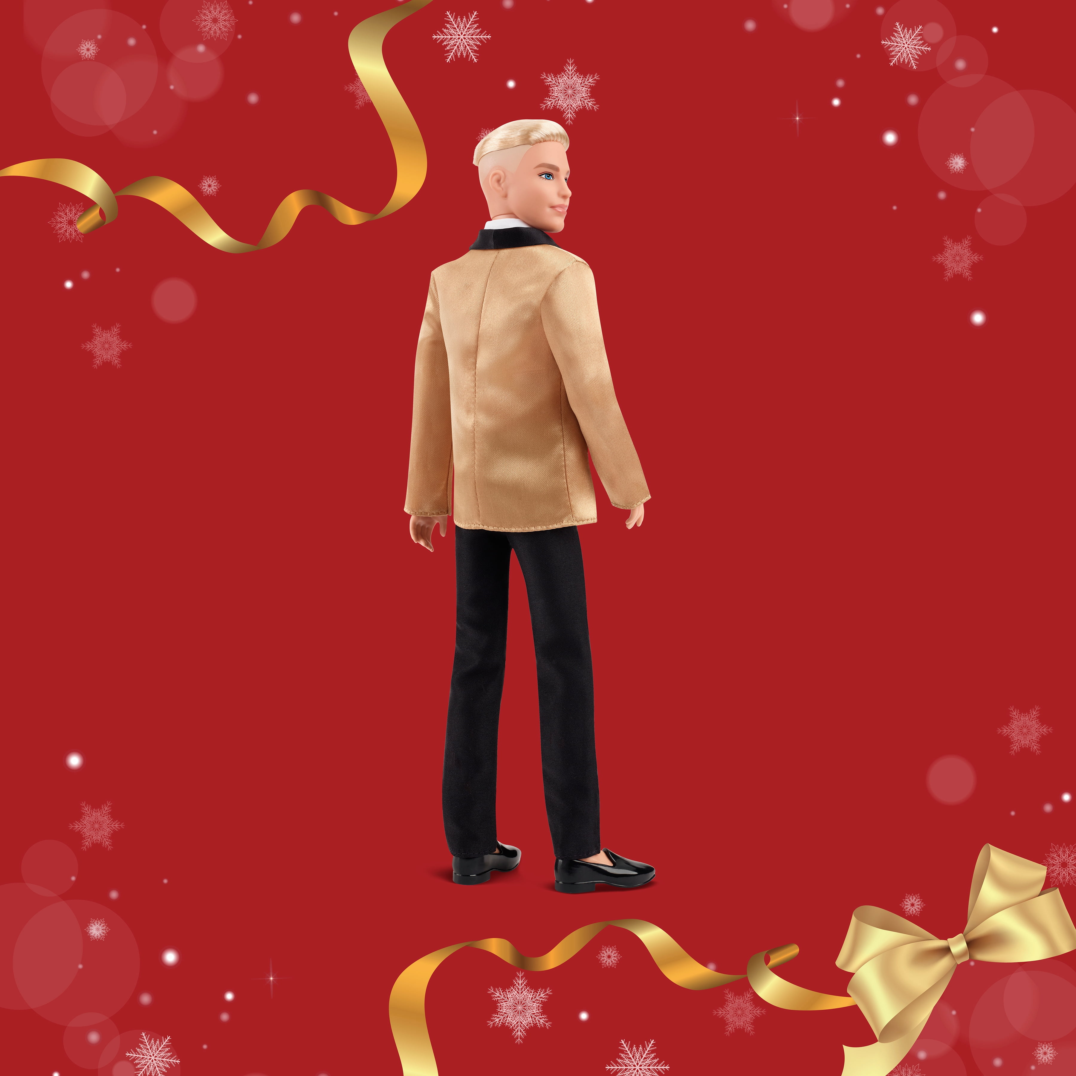Barbie Signature 2025 Holiday Blonde Ken Collectible Fashion Doll wearing Full Suit with Golden Jacket