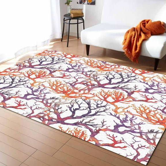 Area Rugs Indoor Non-Slip Rectangle Rug 5x8 Ft Summer Ocean Coral Red Purple Watercolor Style Coastal Rug Rubber Backing Floor Mats Non Shedding Home Decor Carpet for Entryway Living Room