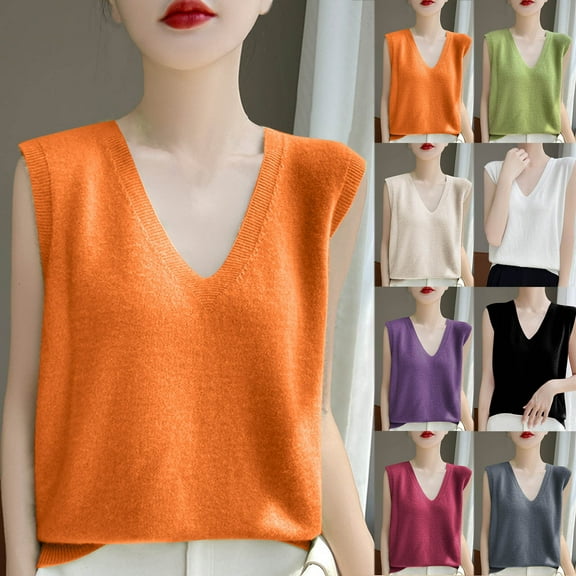 Miluxas Sweater Vest Women Spring Summer Outfits Casual V Neck Sleeveless Sweater Tops Loose Fit Sweaters Women's Clothing White XL(XL)
