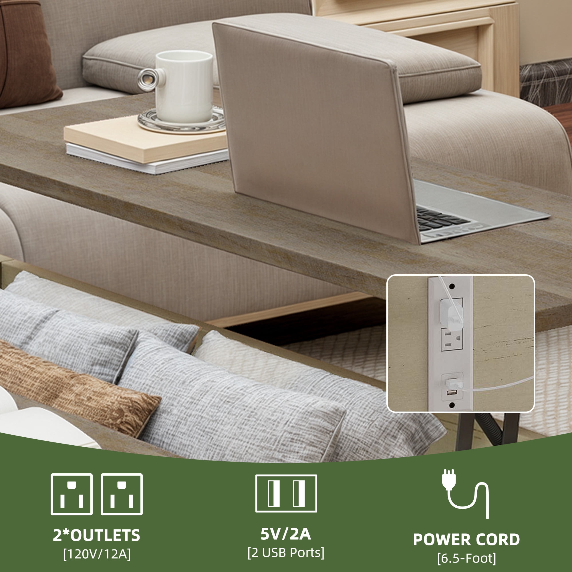 Uforic Farmhouse Lift Top Coffee Table with Storage & Power Outlets, Off-White