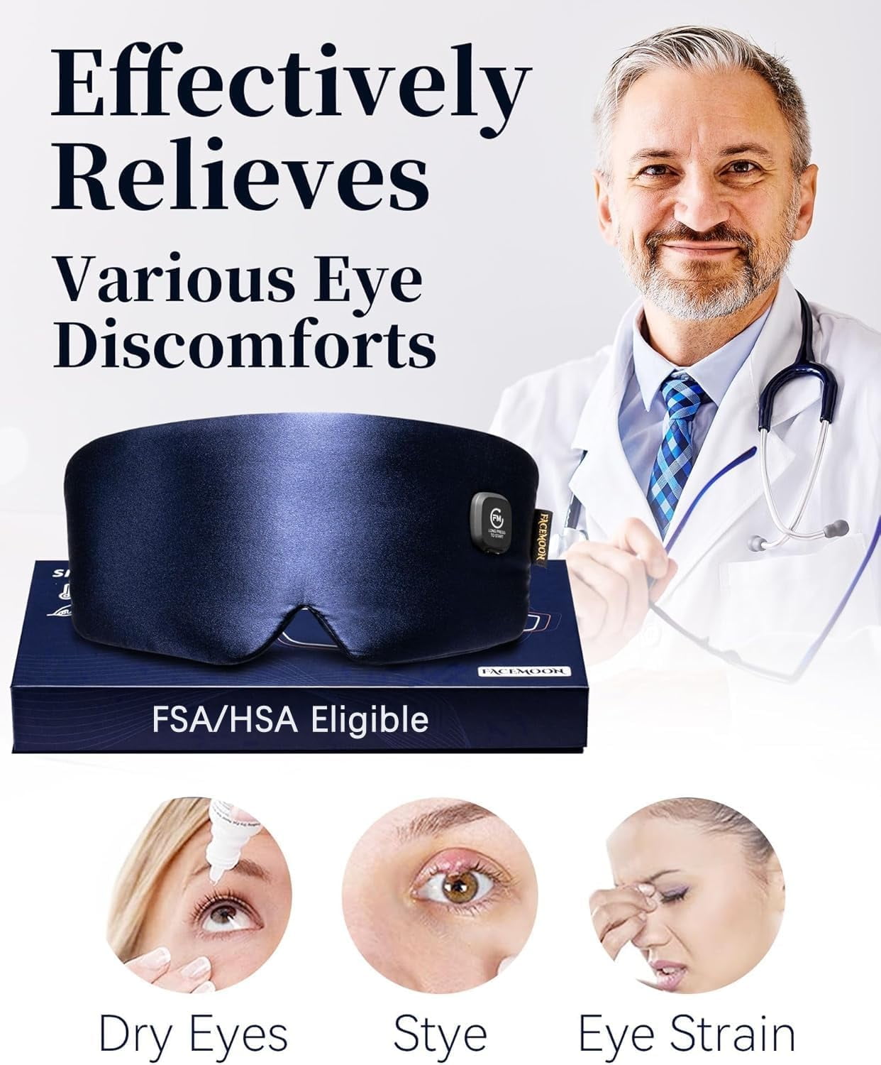 Heated Eye Mask for Dry Eyes - Silk Cordless Warm Eye Compress Moist Heat, FSA HSA Eligible, Eye Heating Pad for Stye Treatment, Tired Eyes, Sleep, Travel, Washable, Rechargeable, Blue