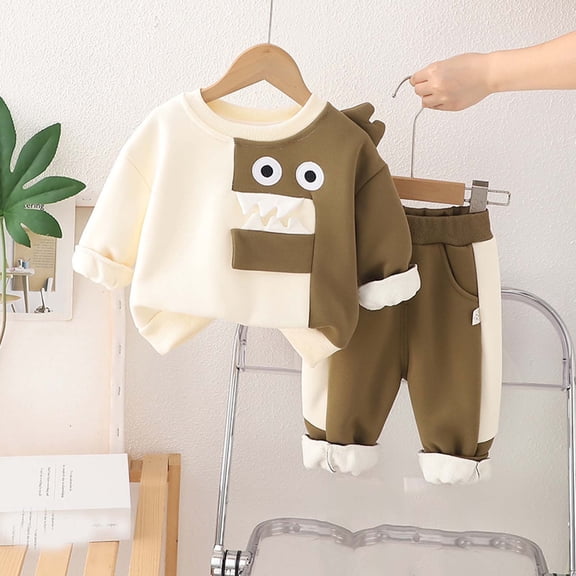 Kids Winter Suits for Boys and Girls, Plus Velvet Lined Thickened Sweatshirt and Pants Set, Warm Fleece Tracksuit for Fall and Winter Season Daily Wear and Play