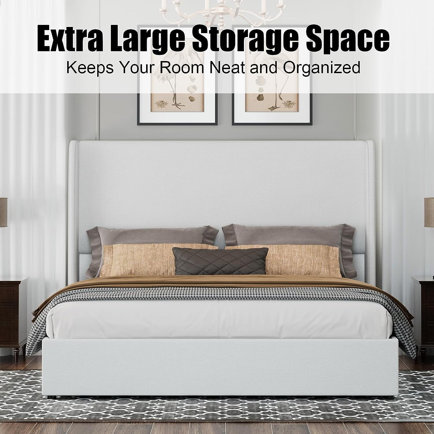 Merluxy King Bed Frame with Lift-Up Storage, Linen Upholstered Platform, Wingback Headboard, No Box Spring Needed, White