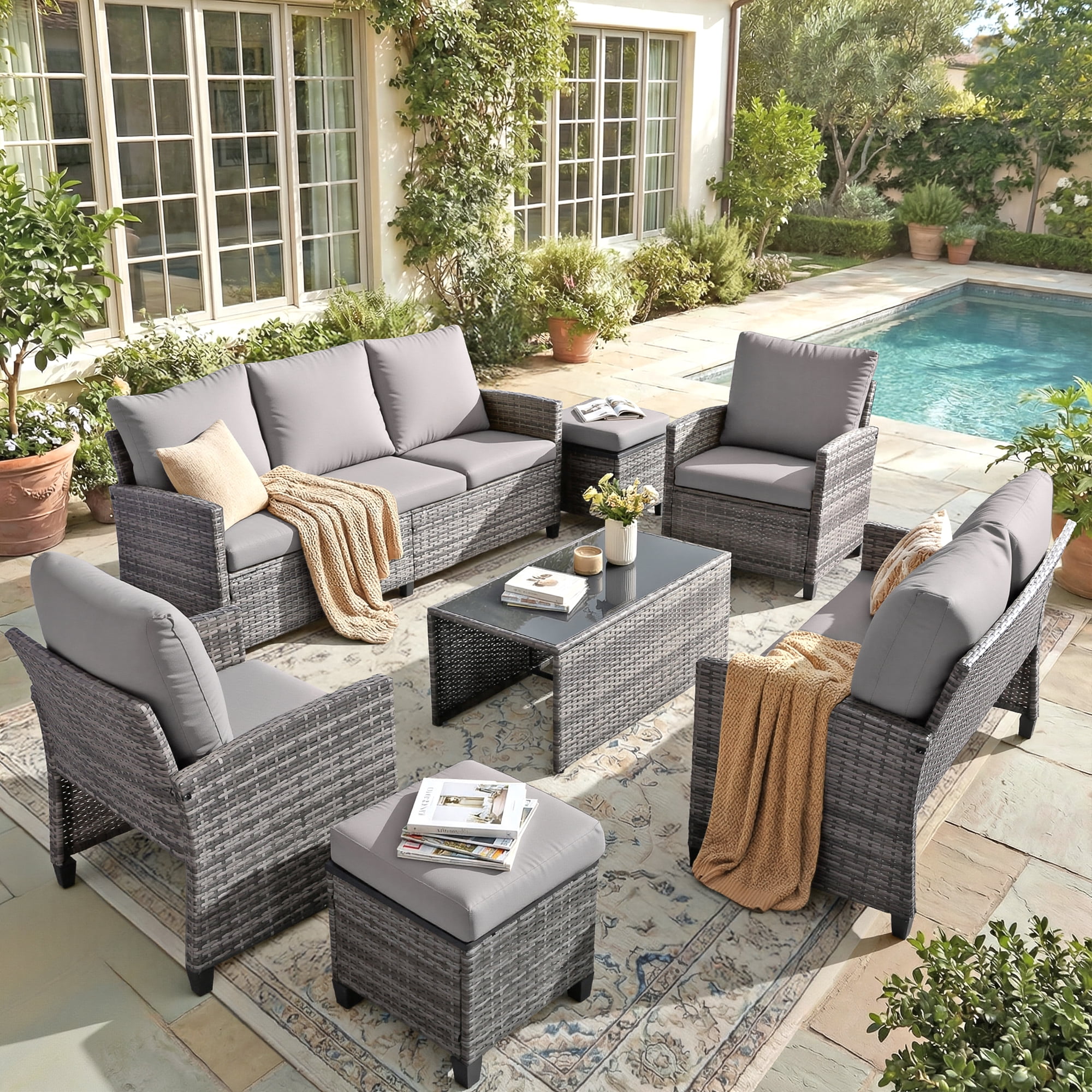 Outdoor Patio Furniture Sets Wicker Conversation Set PE Rattan Sectional Sofa Couch with Ottomans, and Coffee Table for Backyard, Porch and Garden(gray&gray)