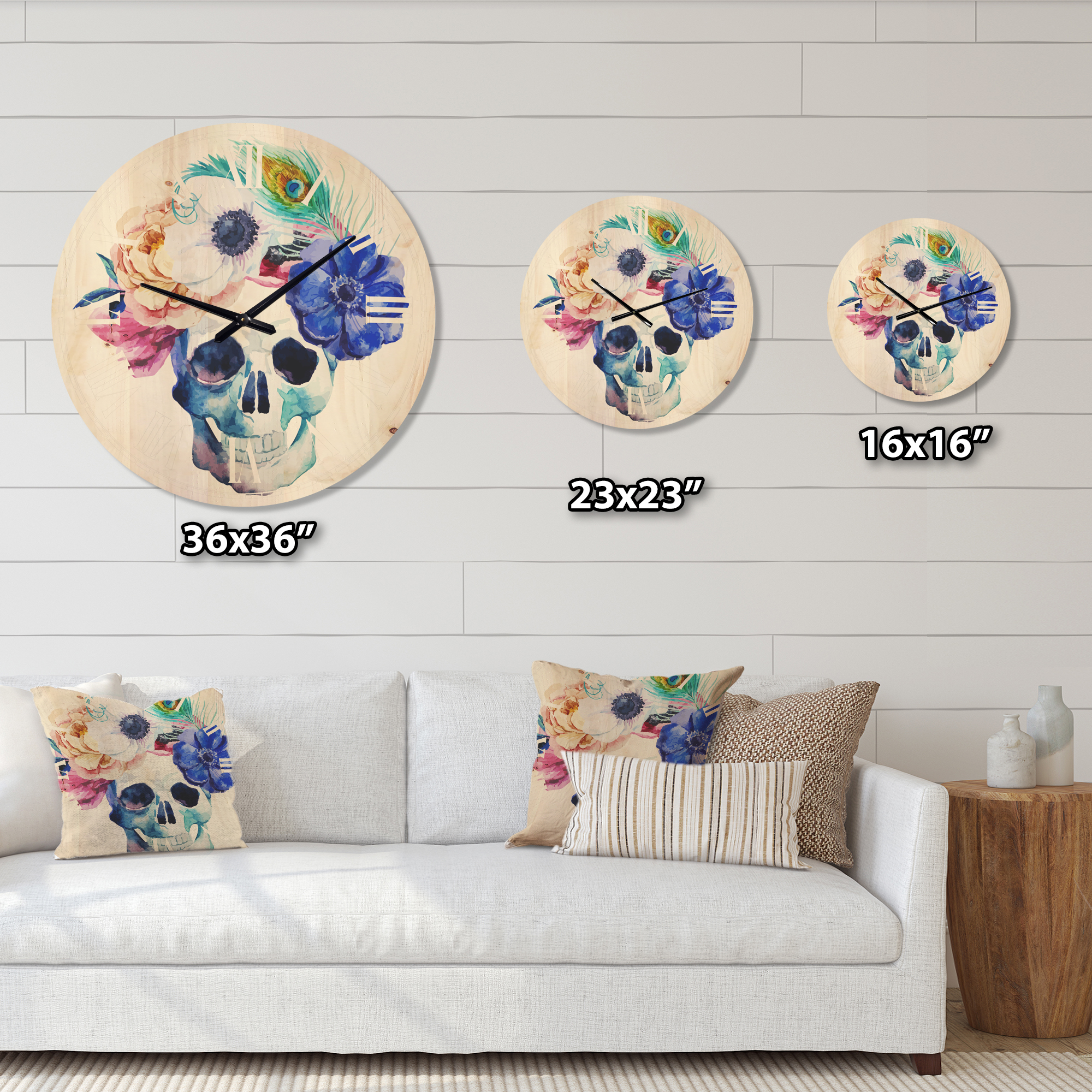 Designart 'Scull and Anemones' Bohemian Wood Wall Clock
