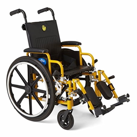 medline kids pediatric wheelchair, 14" wide seat, swing-away desk-length arms, elevating leg rests, yellow frame is great for children