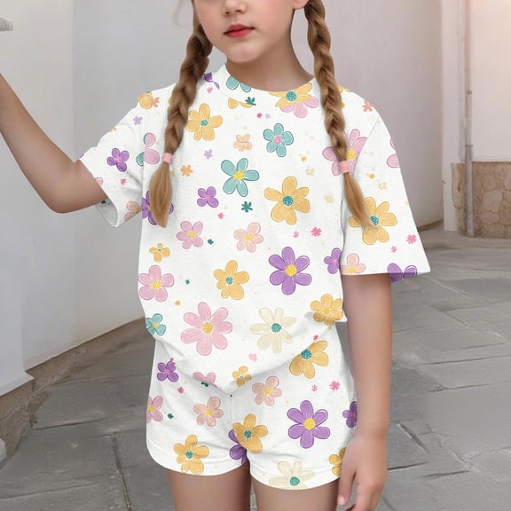 Cethrio Girls Summer Outfit Sets, Casual 2 PC Printed Short Sleeve Kids' Clothing Sets Multicolor Size 9-10T