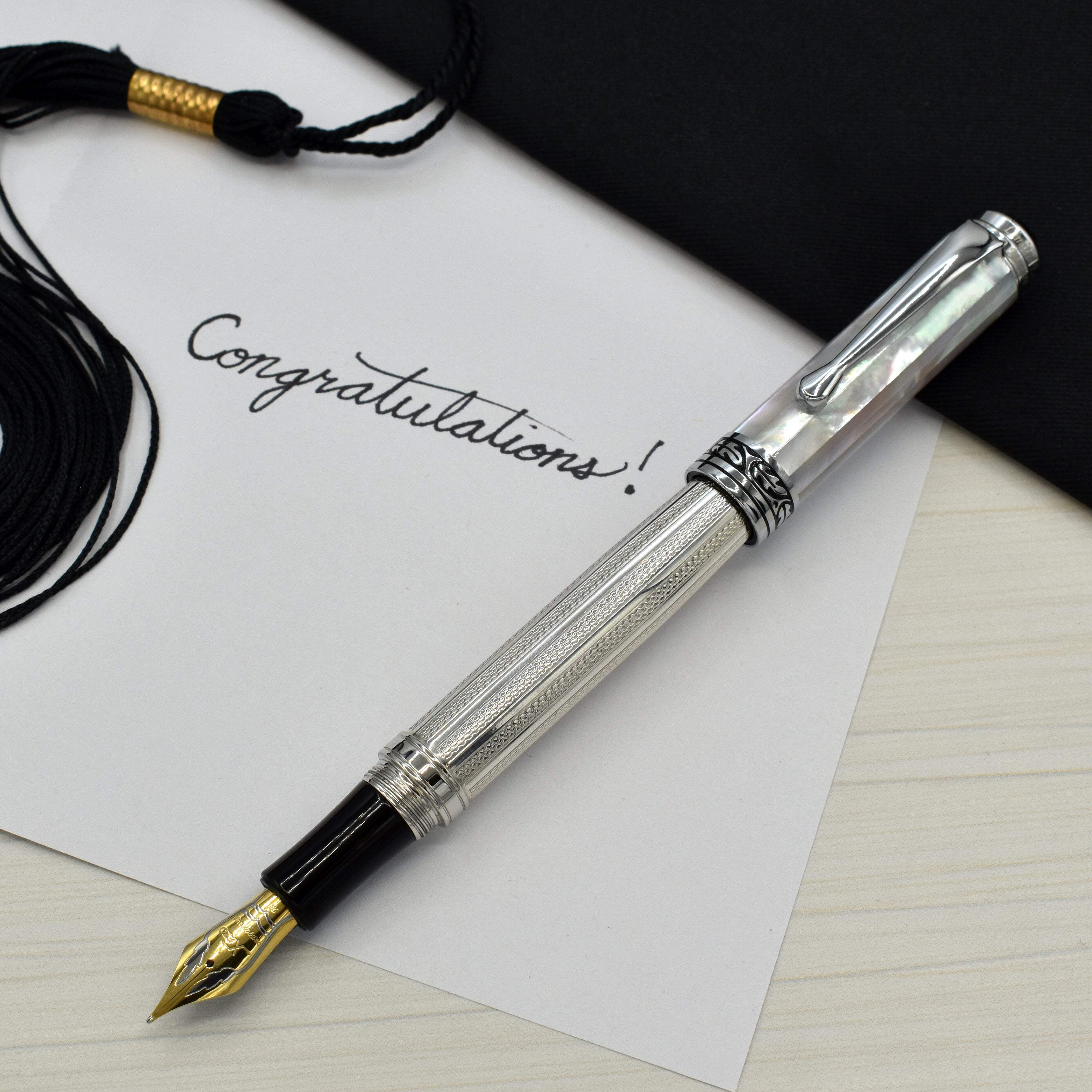 Xezo Xezo Maestro® 925 Sterling Silver Fountain Pen (Medium-Fine 0.45 mm Nib) - Oceanic White Mother of Pearl Cap, Chrome Plated