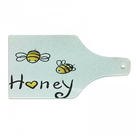 Honey Cutting Board, Hand Drawn Doodle Style Bees with Honey Lettering Illustration Summer Season, Decorative Tempered Glass Cutting and Serving Board, in 3 Sizes, by Ambesonne