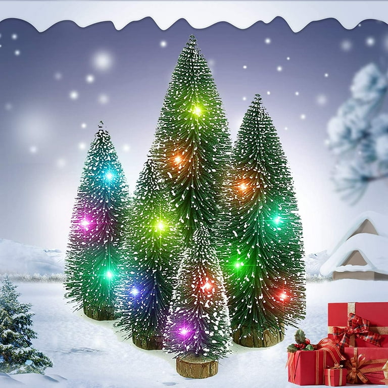 Artificial Mini Christmas Tree with Led Light 5 Pcs Small Pine Tree with Wooden Bases Tabletop Decor for Xmas Holiday Party Home Decor Winter Crafts