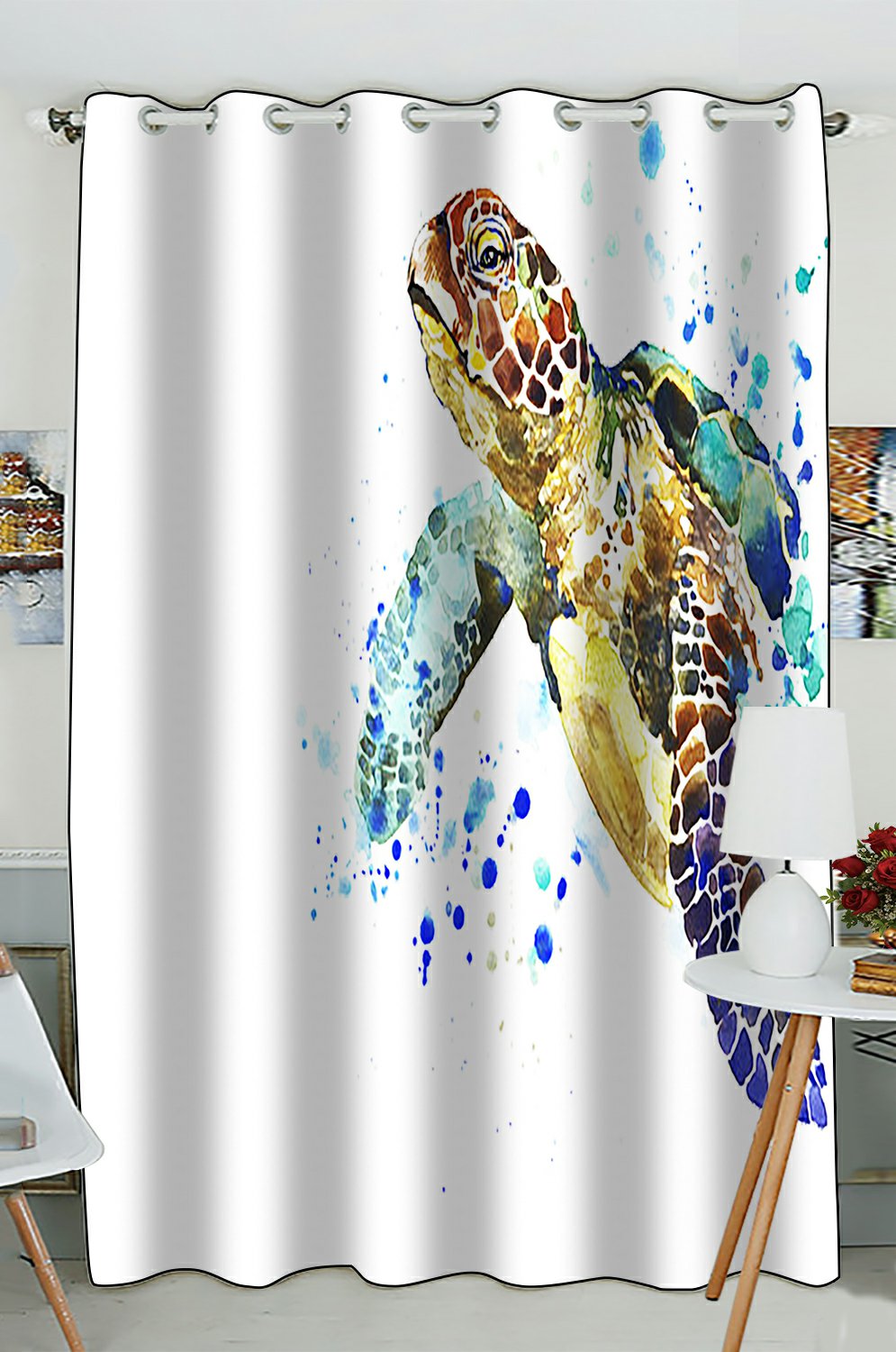 PHFZK Cute Animal Window Curtain, Watercolor Sea Turtle Window Curtain