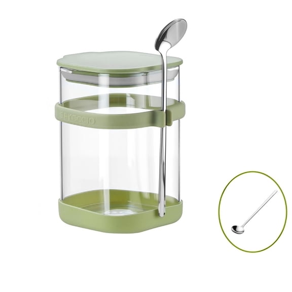 Green Overnight Oats Containers with Lids Glass 20.3oz, Meal Prep Jar with Spoon & Silicone Holder, Leak Proof Yogurt Containers with Lids for Snacks, Small Jam Jars with Lids, Portable Food Jar