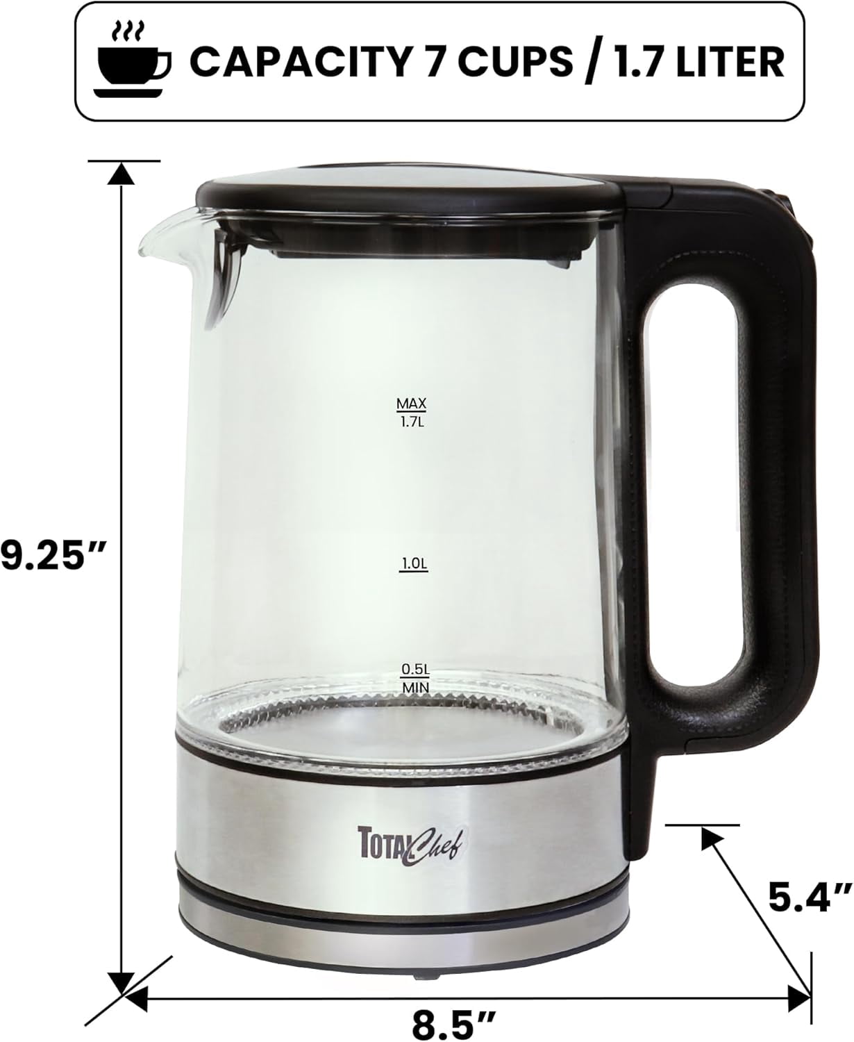 Total Chef Electric Glass Kettle 1.7L – Fast Boil, BPA-Free Borosilicate Glass, LED Light, Auto Shut-Off, Boil-Dry Protection, Cordless Water Boiler for Tea & Coffee, Kitchen Appliance