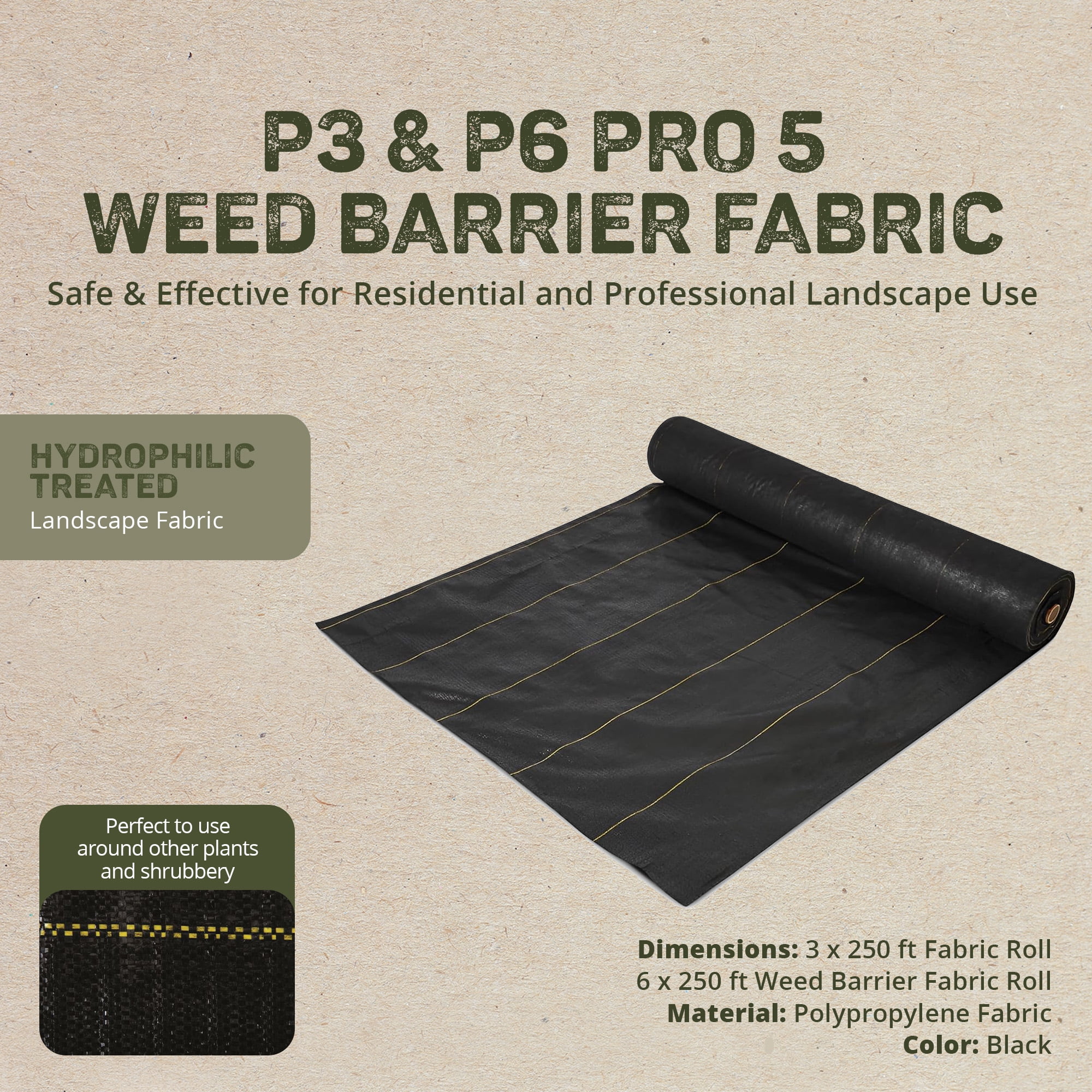 DeWitt Pro-5 Weed Barrier Fabric 5 oz, Heavy-Duty Woven Weed Control, 3x250 & 6x250 Feet