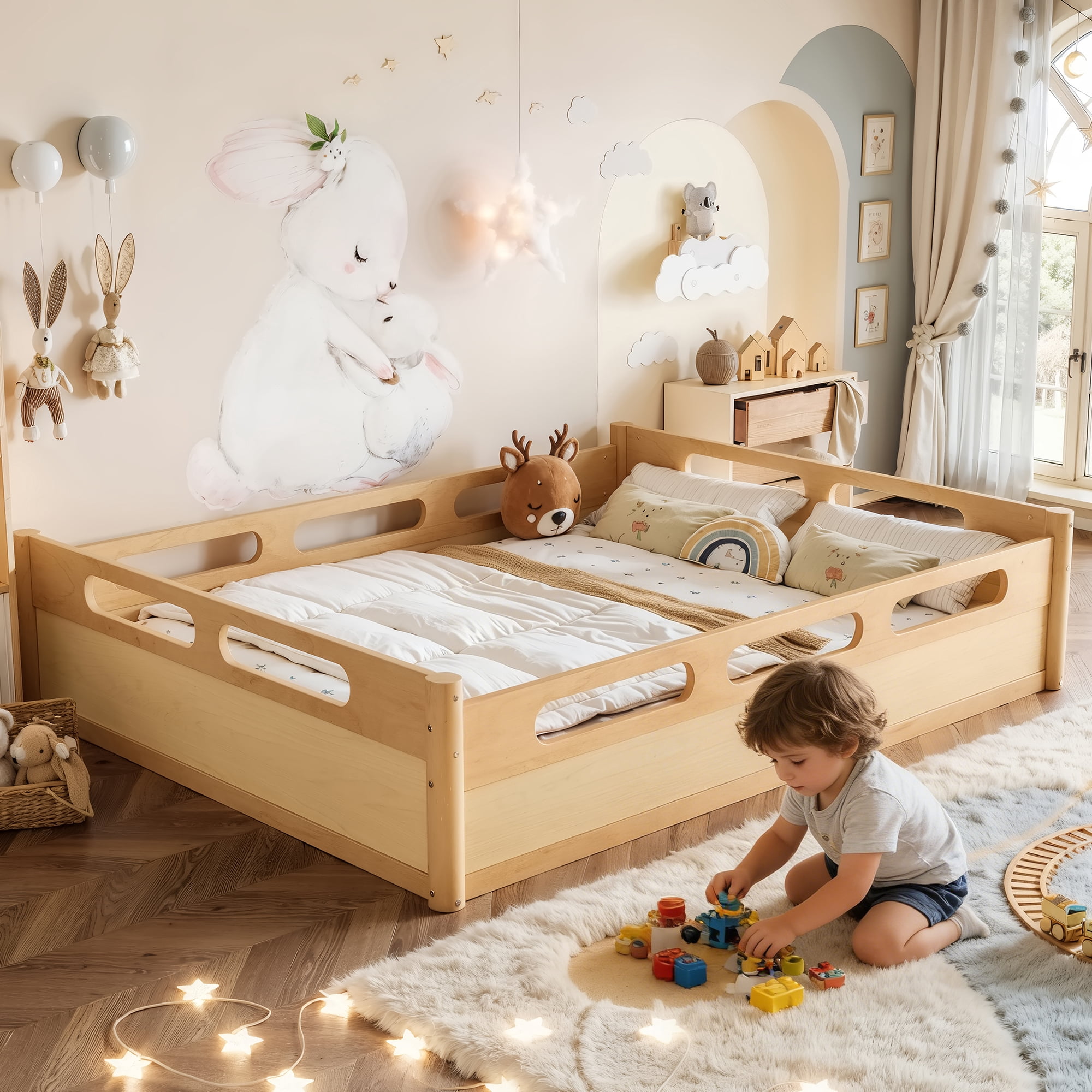 Leumius Queen Size Floor Bed with Full-length Guardrails,Low Profile Montessori Bed Frame,Easy Assembly, No Box Spring Needed,Natural