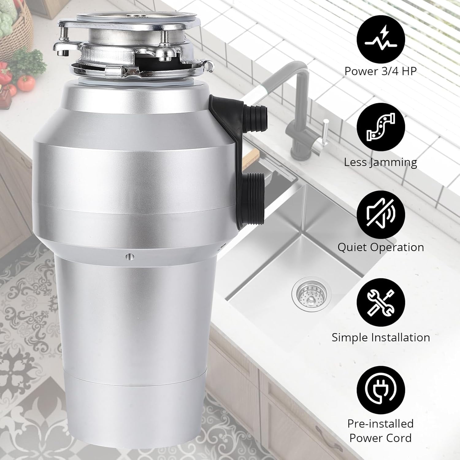 EastVita 3/4HP Garbage Disposal, 560W Food Garbage Disposals, 0.75HP Continuous Feed Food Waste Disposer With 14 Inch Cord, 4200r/Min Food Waste Grinding System