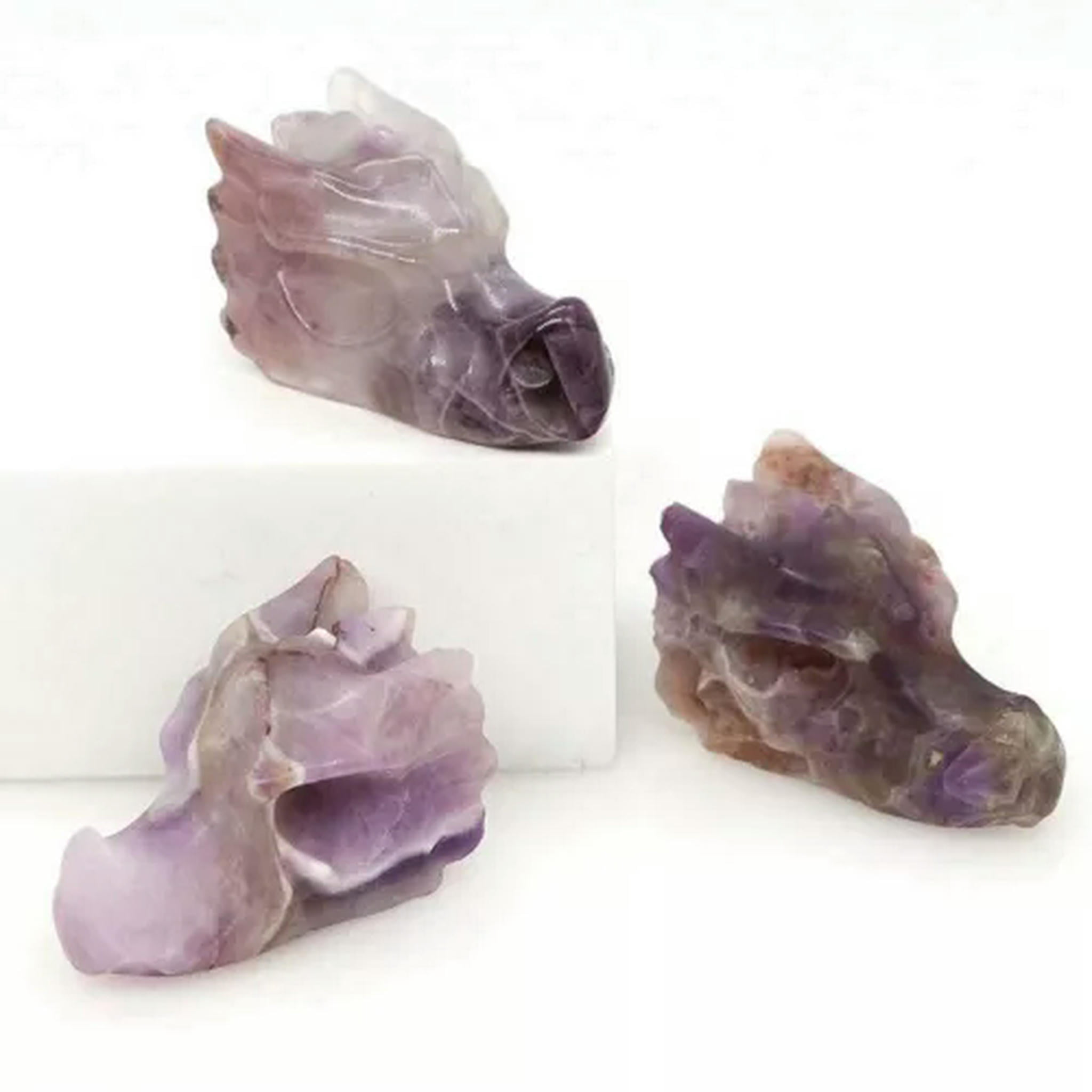 EOEMY 1.5’’ Natural Quartz Crystal Lifelike Dragon Head Skull Skeleton Figurine Gift- Amethyst Quartz-5Pcs