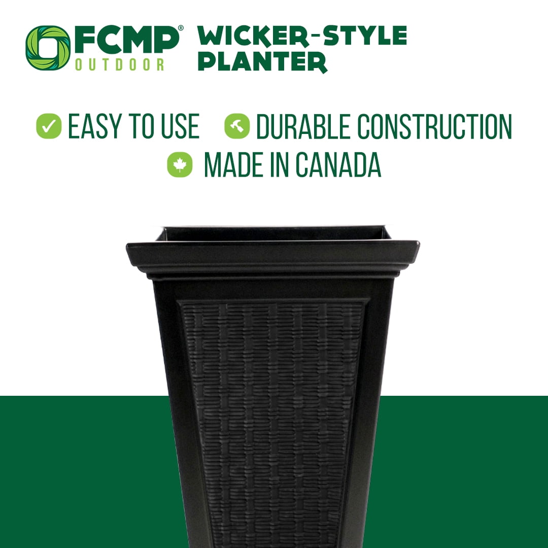 FCMP Outdoor MOD-WP3000 Wicker-Pattern Resin 24" Tall Indoor/Outdoor Self-Watering Pedestal Taper Planter, Black, 2 Pack