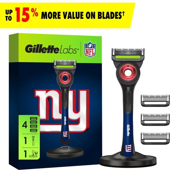 Gillette Labs Official Giants Licensed Razor for Men, Perfect for Game Day Grooming, Gillette Labs with Exfoliating Bar, 1 Handle, 4 Blade Refills, with Magnetic Stand
