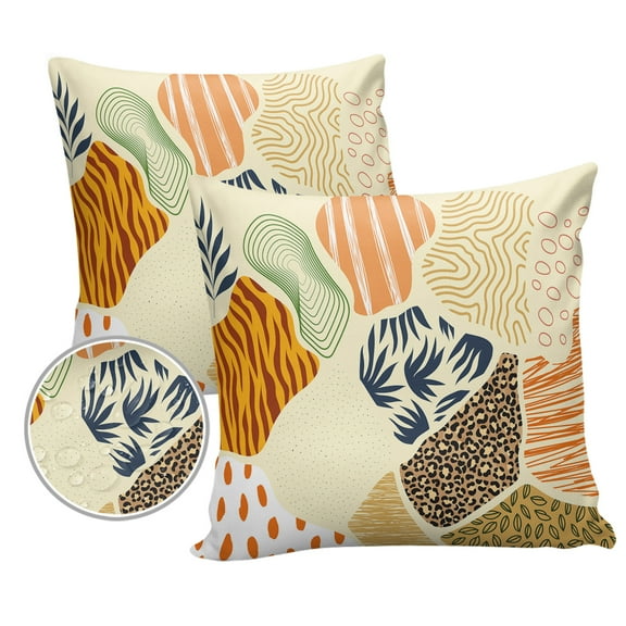 Pack of 2 Outdoor Pillow Covers, Bohemian Leopard Tiger Stripes Abstract Leaves Waterproof Square Throw Pillowcase Cushion Decorative Pillow Covers for Couch Patio Tent, 20x20 in