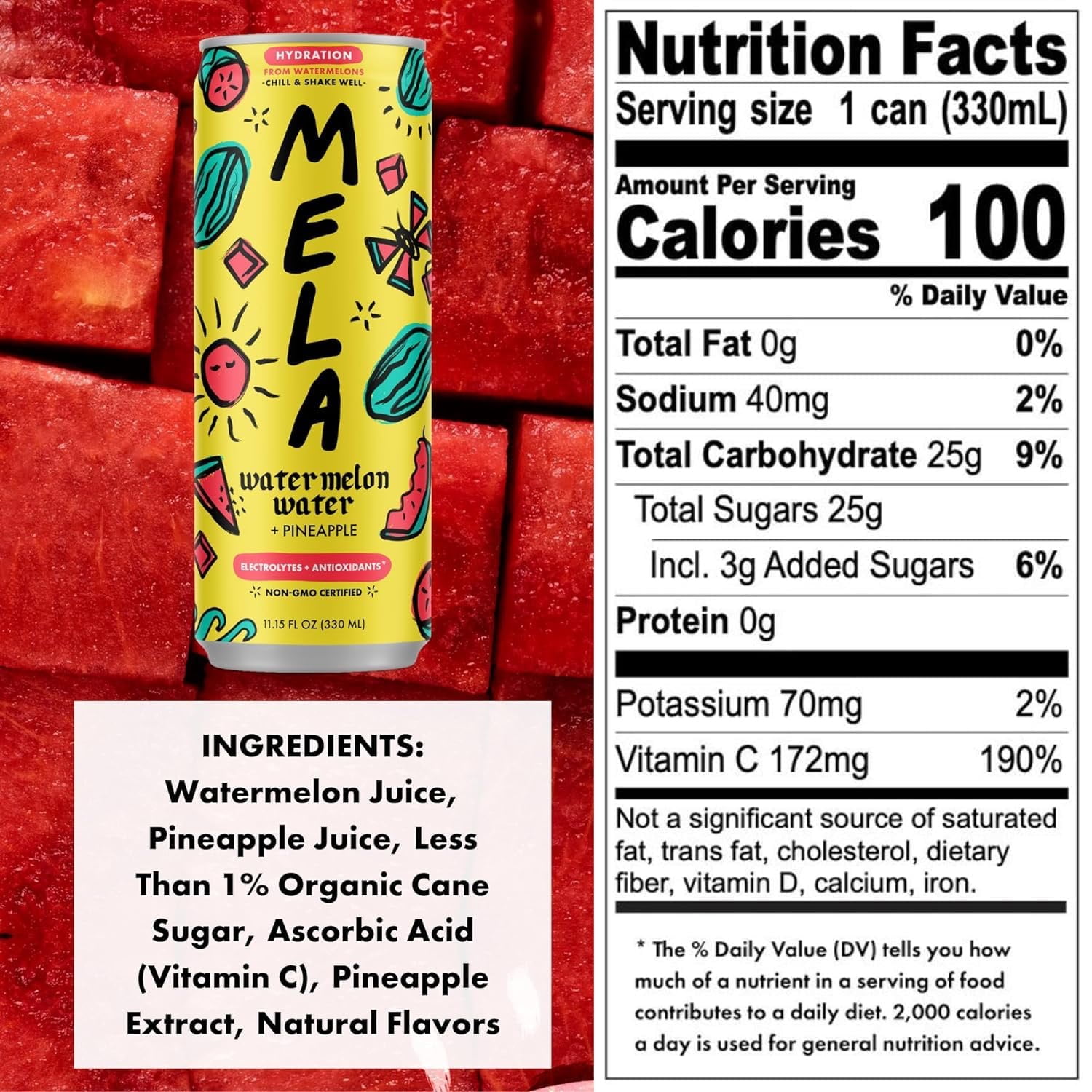 Mela Water Watermelon Juice Drink, with Electrolytes, Antioxidants & Vitamin C, Pineapple Flavor, 16.9 fl oz Bottles, 12 Pack, Liquid Beverage