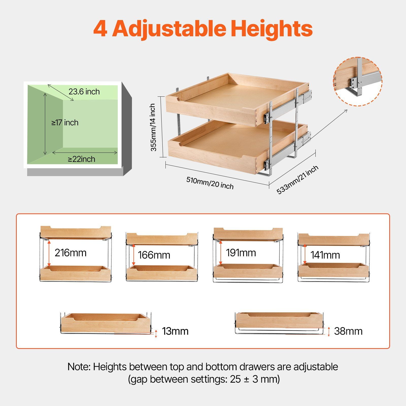 2 Tier Pull Out Cabinet Organizer with Soft Close Slides, Solid Birch Wood Drawer 20"W x 21"D, Adjustable Height Kitchen Storage Drawer for Base Cabinets, Under Sink & Pantry Organization