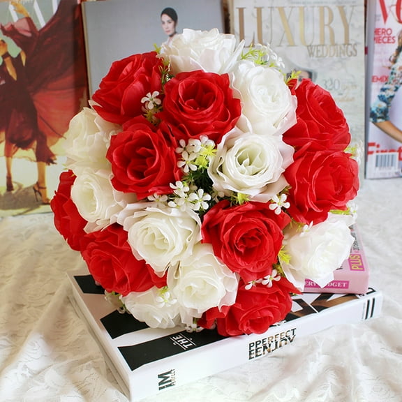 JeashCHAT 18 Heads Rose Flowers Bouquet Fake Flowers , Artificial Flowers Silk Roses with Stems Bridal Wedding Bouquet for Home Party Festival Decor, White and Red