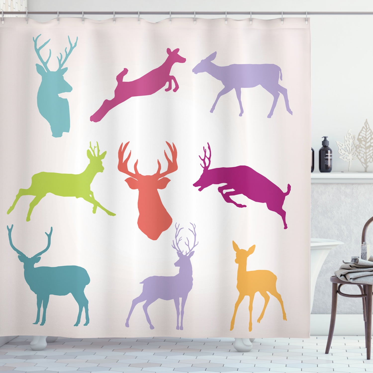 Deer Shower Curtain Set, Silhouette Collection of Jumping Running