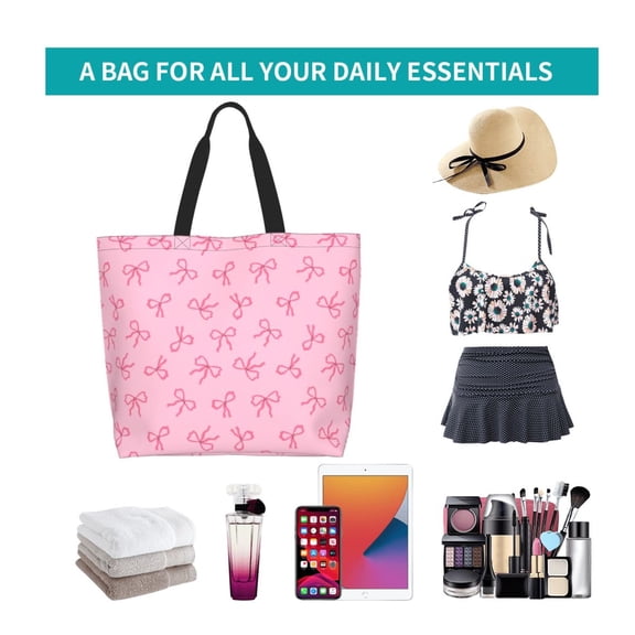 Ratiio Pink Bows Print Reusable Grocery Bags - Washable, Foldable, Packable Tote, Large Handles, Heavy Duty, Zippered Top Pouch