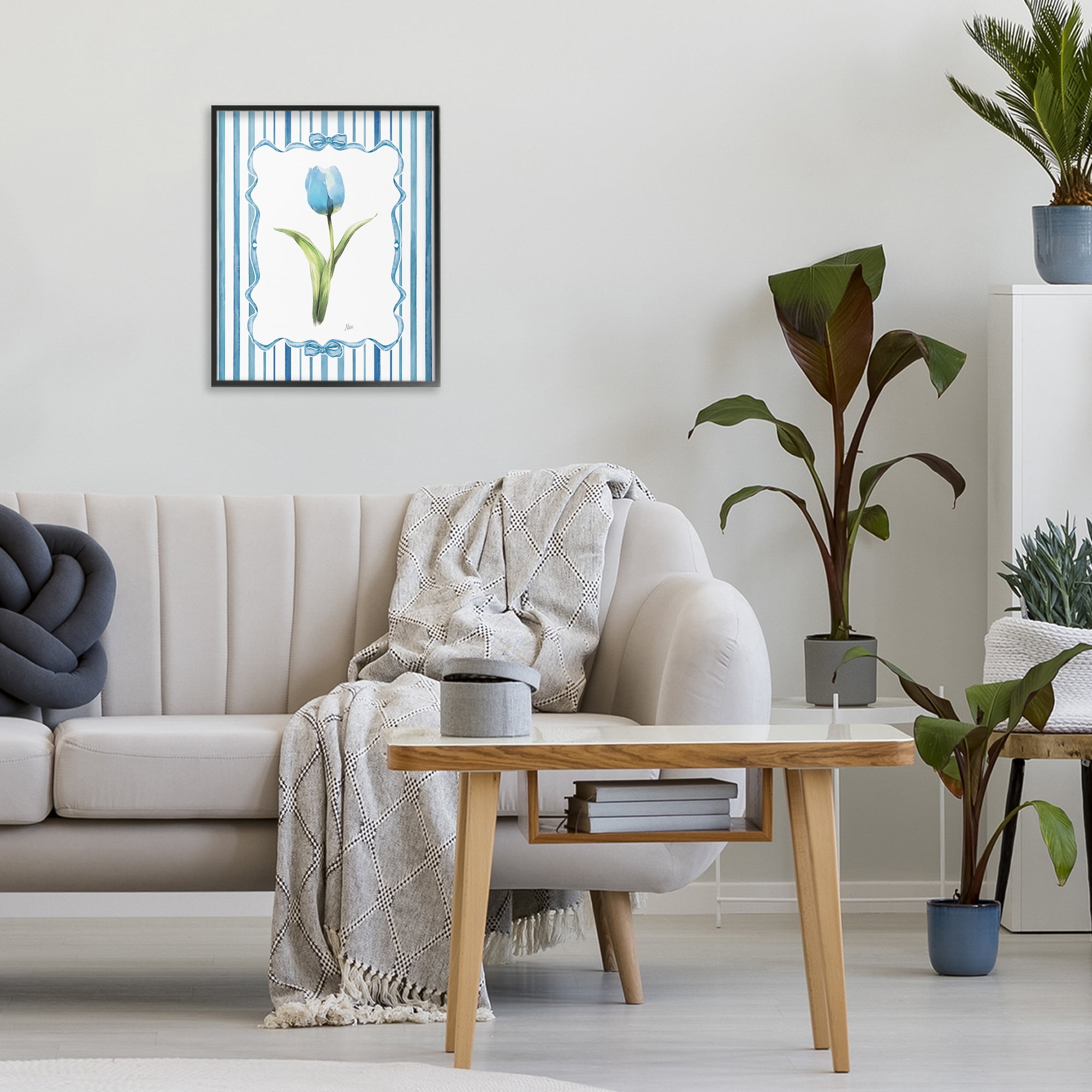 Stupell Industries Single Blue Tulip Stripes Black Framed Giclee Art, design by Nan