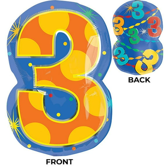 20 inch Number 3 - Confetti Dots Anagram Foil Mylar Balloon - Party Supplies Decorations