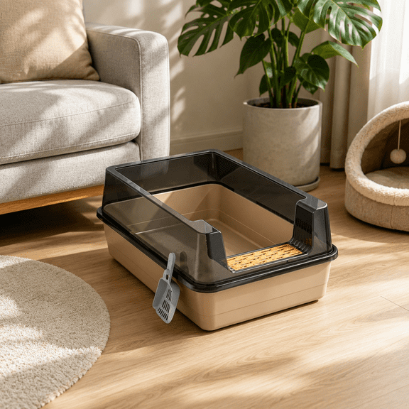 Top Access Cat Pan, Semi Enclosed Covered Litter Box with Tall Odor Containment Side Walls and Integrated Litter Scoop