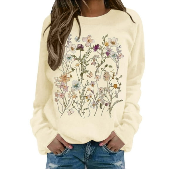 Women's Oversized Sweatshirts Spring Fall Trendy Casual Floral Printed Round Neck Long Sleeved Sportswear Pullover Hoodless Loose Sweatshirt Pullover Top Beige-L